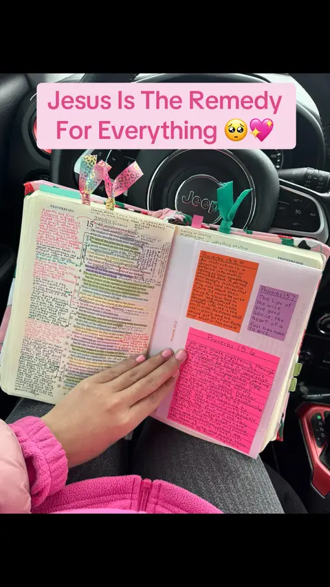 An open bible with highlighted text and sticky notes is held in a car. A pink text box at the top indicates "Jesus Is The Remedy For Everything."