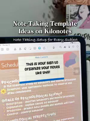 A tablet screen displaying notes on the Kilonotes app, with a sticky note overlay that reads, 'This is your sign to organize your notes like this!' The background shows a light-colored desk with notes and various objects. The overall composition focuses on demonstrating note-taking layouts.
