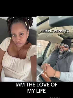 A split-screen image. On the left side, a woman with dark curly hair is seated and looking at the camera. On the right side, a man wearing sunglasses is seated in a car looking to the side. Text overlays appear on both sides of the image.