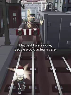The image shows a scene from a video game, Subway Surfers, with the player character running down a track. The setting is a subway tunnel with various elements such as subway cars, rails, and barriers. Overlayed text addresses a somber subject.
