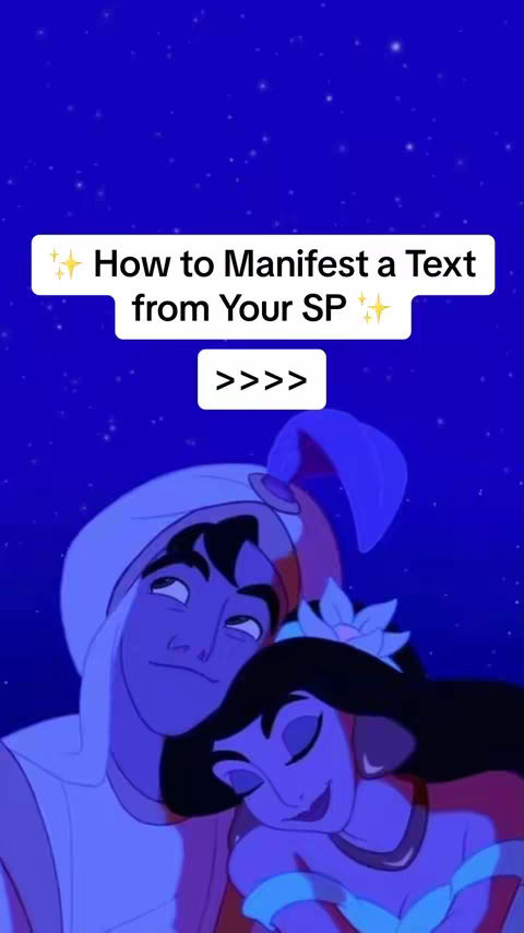 The image features a celestial blue background with an animated pair, resembling the characters Aladdin and Jasmine from Disney's 'Aladdin'. The text overlay reads 'How to Manifest a Text from Your SP' framed within a white rectangular box with sparkles.
