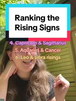 A woman with long, wavy brown hair and glasses is looking at the camera while leaning her head on her hand. A banner displays the title, and a text overlay with various rising signs information is displayed in the background.