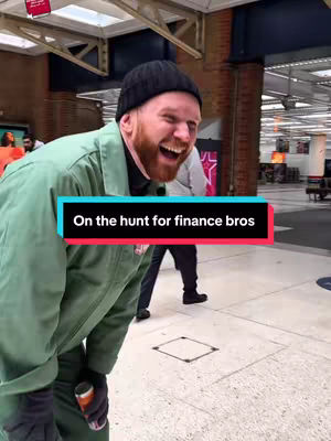 A man in a green jumpsuit and black beanie laughs while holding a can. Text overlayed on the image says 'On the hunt for finance bros'. The background is a hallway with other people present.