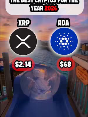 The cover image features a collage-style layout with a background showing a tropical scene with a wooden walkway with an image of a slide. In the central section, two circular icons with text labels are placed. The upper-left circular icon shows the XRP logo with the text "XRP". The upper-right icon showing the ADA logo with the text "ADA". Below each icon, there are prices. A white text overlay reads "THE BEST CRYPTOS FOR THE YEAR 2026" at the top.