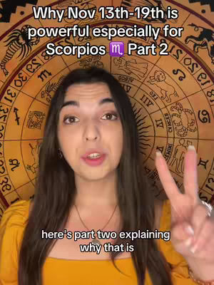 A woman with long brown hair stands in front of a golden zodiac wheel. Text overlays the image, highlighting the video's focus on Scorpio astrology.