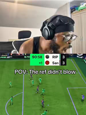 The cover image is split horizontally. The top half shows a person with a headset and glasses, looking shocked. The bottom half displays a soccer game simulation, with players in green and purple on a green field. Text overlays describe the scene.
