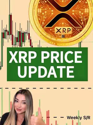 The cover image features a woman giving a thumbs-up in front of financial charts and a green banner that reads "XRP Price Update". Above this is a gold coin graphic with the XRP logo.