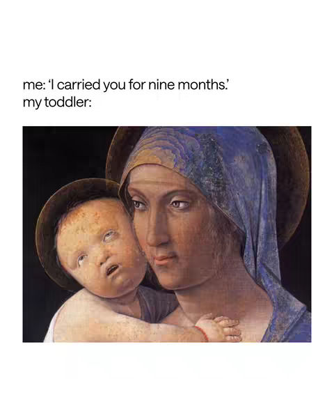 A meme using an image of a Madonna painting. The Madonna is depicted with a serene expression and a blue head covering, holding the baby Jesus. The baby looks directly at the viewer with a comically surprised expression. Above the image, white text reads "me: 'I carried you for nine months.'" followed by "my toddler:"