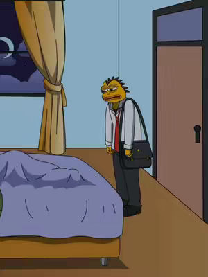 An animated image depicts a yellow-skinned, iguana-like creature of the Pepe meme trudging out of a bedroom, wearing a white shirt, red tie, black slacks, holding a satchel, seemingly weary. The scene suggests a morning routine, possibly conveying themes of overwork or market struggles.