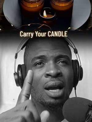 A grayscale composition featuring a man wearing headphones and pointing, with text overlayed at the top. The top portion shows three candles, and below, the man is speaking with a microphone.