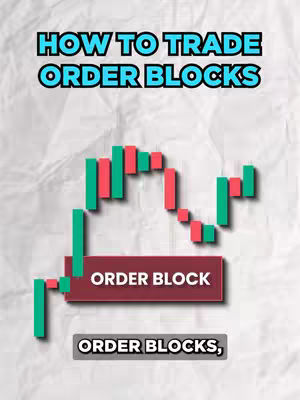 The cover image features a white textured background with a chart depicting rising and falling bars over a burgundy rectangle labeled 'ORDER BLOCK'. Above, text reads 'HOW TO TRADE ORDER BLOCKS' in blue, and below, there is text 'ORDER BLOCKS,' in a white rectangle with black outline.