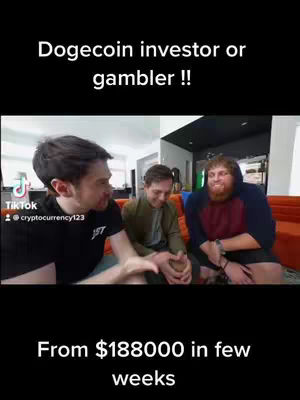 Three men are seated, engaged in a conversation. Text overlays read, 'Dogecoin investor or gambler !!' and 'From $188000 in few weeks'. The background includes a partial view of a room with a sofa and a TikTok logo on the bottom left.