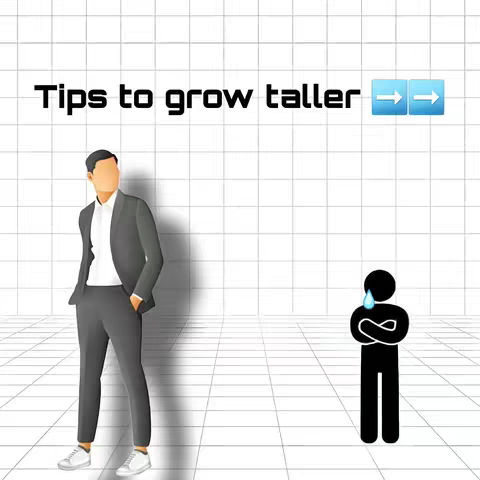 The image presents a stylized depiction of height growth concepts. On a grid background, two figures and text are prominent. The text, 'Tips to grow taller,' is at the top, with a sequence of arrows. A tall figure is shown confidently with arms folded. In contrast, a shorter, sad-looking stick figure stands nearby. These simplistic visuals and the grid background give it a clean and straightforward presentation.