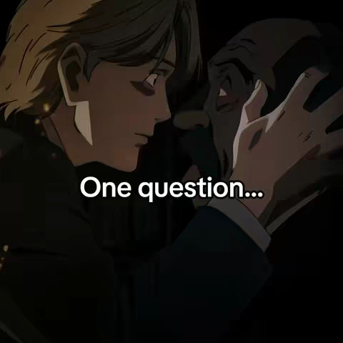 An anime-style image showcasing two figures in a dark, intense scene. One figure, with light-colored hair, is seen in profile, looking intently at another figure whose face is partially obscured. The second figure has darker hair and appears to be older. A white text overlay, "One question...", is placed at the bottom.