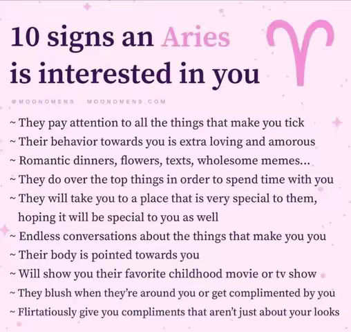 An infographic with a pale pink background listing '10 signs an Aries is interested in you.' The top-left corner features the title text in a bold, slightly purple font. Below this are numbered bullet points with descriptions in a smaller, darker font. In the top-right corner, a stylized pink Aries ram symbol is displayed.