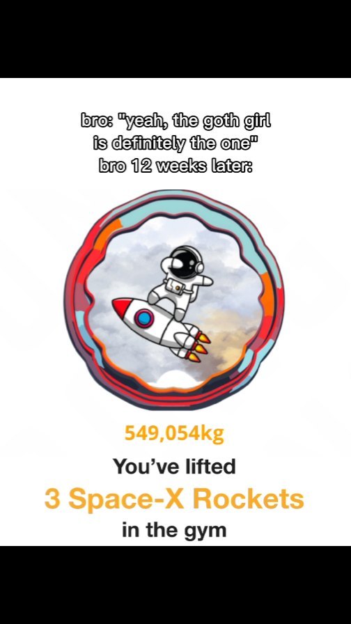 An illustration of an astronaut riding a rocket ship, contained within a circular border. The astronaut figure is in a white spacesuit with a black helmet. The rocket below is white and red, with a yellow flame effect at the bottom.