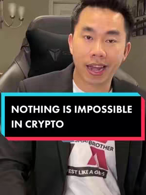 The cover image shows a man centered, talking toward the camera. He's wearing a black blazer over a white t-shirt with text and a logo on it. A text overlay in a rectangular box at the bottom says “NOTHING IS IMPOSSIBLE IN CRYPTO”. The background features a black office chair and parts of a room, and the lighting creates a balanced view.