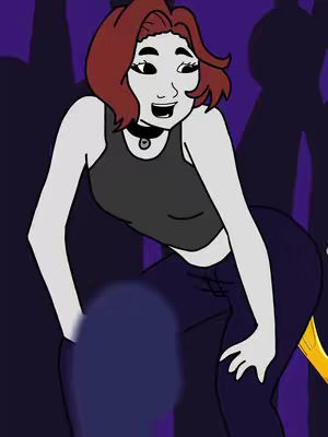 An animated image featuring a woman in a dark tank top and dark pants, her skin appears a muted tone. She has red hair, and her expression suggests excitement. The background includes dark, blurred vertical lines.
