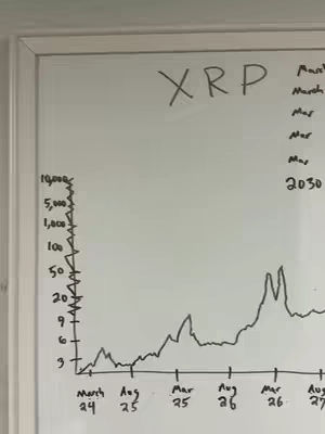 A whiteboard displaying a hand-drawn line graph charting the price of XRP, set against a white backdrop framed by a simple white border. The graph runs from 'March 24' to 'August 27', with a year labeled '2030' at the top right. The y-axis indicates price levels from 3 to 10,000. Text above the graph reads 'XRP'.