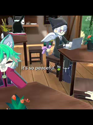 An animated scene showing anime characters at a cafe with a laptop on the table. One character has green hair, and the other is wearing a black hat and coat, sitting in a chair with wings.