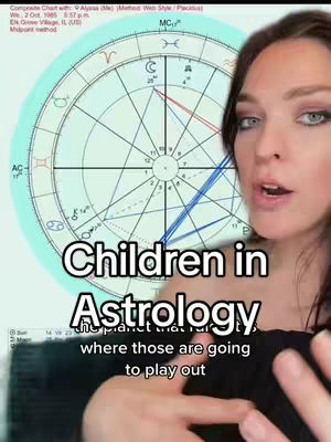 The image shows a woman speaking towards the camera with an astrology wheel chart in the background. A text overlay at the bottom provides content regarding astrological concepts. The woman in the foreground is fair-skinned with brown hair, and wearing a black top. The chart is circular and has astrological symbols.