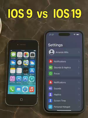 The cover image displays a comparison of two iPhones. On the left is an older iPhone with a black front, displaying an older iOS interface with colorful app icons. On the right is a newer iPhone with a larger screen, featuring the current iOS interface, displaying the settings menu, with options such as notifications, sounds & haptics, and focus.