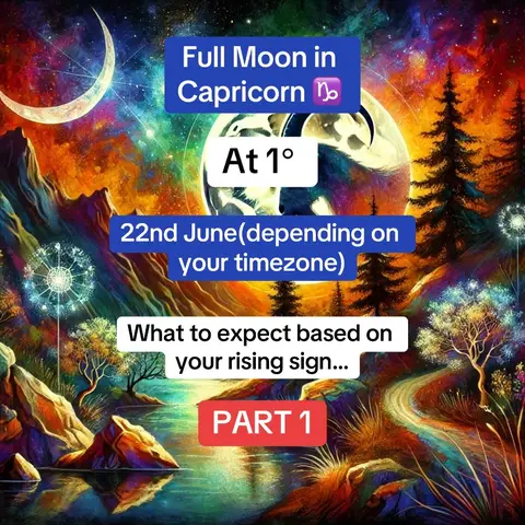 An illustrated landscape with a night sky, crescent moon, and a large full moon in the background. Text overlays provide content information.
