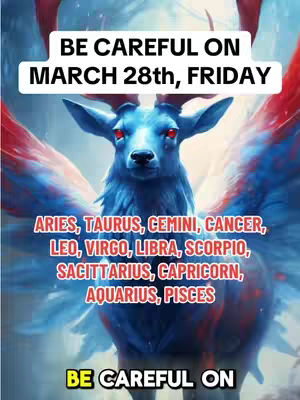 Digital art depicts a blue, winged deer-like creature with red eyes, set against a background transitioning from blue to red. Text overlays include the date 'MARCH 28th, FRIDAY' in a white banner and the zodiac signs.