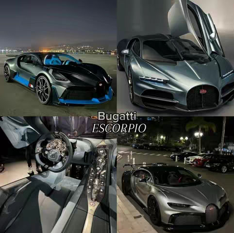 A collage of four images showcasing luxury Bugatti cars. The top left display a black and blue car on the road. The top right image is a silver car with open doors. The bottom left image shows the car interior. The bottom right image shows the exterior of the car, on the road.