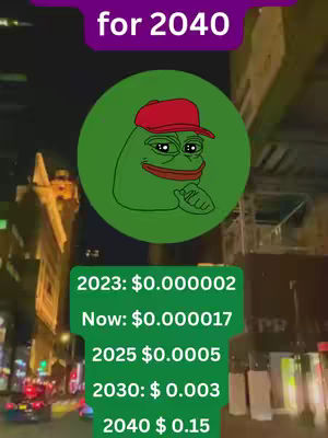 The cover image is a vertical graphic that combines an illustrated green frog character with a red cap, overlaid on a background of a night cityscape. The frog figure is centered within a green circular frame, and a text box below displays a series of financial data points, seemingly predicting the future by the year 2040. Above the frog, text in a purple rectangular box reads 'for 2040'. Additional text is visible on a green bar displaying financial predictions for crypto currencies, suggesting future values. The background shows buildings and lights of the city, contributing to a digital, futuristic aesthetic.