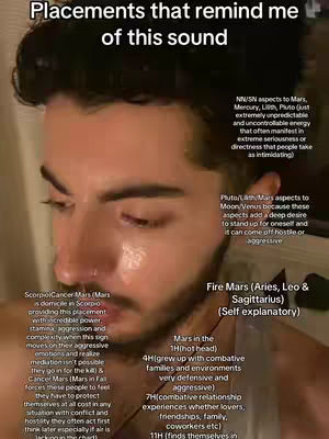 The cover image shows a close-up of a man's face, potentially after crying or sweating, given the wet appearance of his skin. Text overlays are superimposed on the image, offering astrological insights relating to various placements. The background is blurred, focusing attention on the face and text annotations.