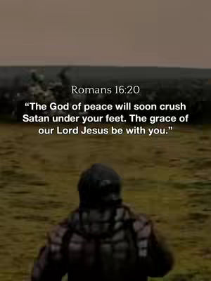 The cover image features a person from the back walking into a field. Text overlays at the top read a Bible verse from Romans 16:20. The background is a blurred landscape.