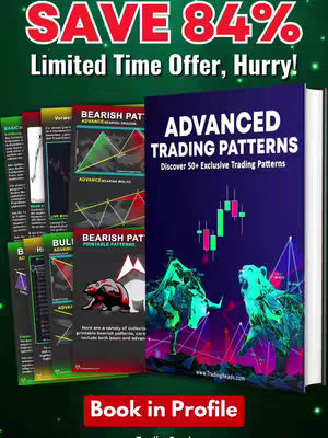 The cover image showcases a professionally designed book cover promoting "Advanced Trading Patterns." The layout features a central book illustration with the title and subtitle against a dark blue background. To the left, a small stack of other books with graphical covers is visible. The background is a gradient of greens, and there are visual elements like a bull and a bear. The overall composition is designed to be visually engaging and informative.