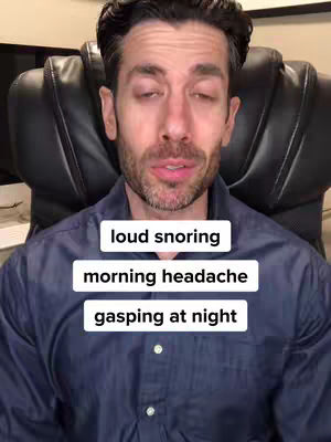 A man with closed eyes in a close-up shot. Overlayed text mentions sleep-related issues such as snoring and headaches.