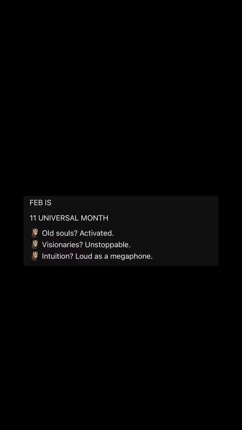 The cover image is a dark, vertical composition. A dark gray box resides near the center, against a black background. Within the box, white text provides information. In the upper part of the box, the text "FEB IS" appears directly above "11 UNIVERSAL MONTH". Below this, a series of lines includes phrases related to old souls, visionaries, and intuition, each accompanied by a related icon. The overall design is simple and text-focused, using a minimalist style to convey information.