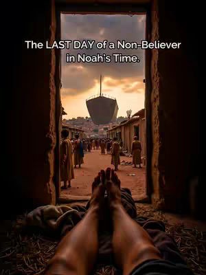 The image is framed through a dark doorway, with an interior space in the foreground and an exterior scene visible through the opening. The foreground shows a person's legs and feet, lying down, presumably on a bed of hay-like material. The background showcases a street scene in an ancient setting, with people and buildings. Above the background, a large vessel, resembling a ship, hangs in the sky against a clouded sky. The overall composition is designed to create a contrast between an intimate interior view and an expansive, historical exterior.