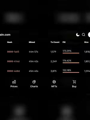 The cover image is a screenshot of a digital display, likely from a platform that visualizes cryptocurrency data. The layout is dominated by a dark background, with a light-colored table or data grid taking up a central position. The top section has blurred black bars, and the rest features columns on the screen include Hash, Mined, Tx Count, Fill, and Size, with rows of numbers. Icons for Prices, Charts, NFTs, and Buy are along the bottom.