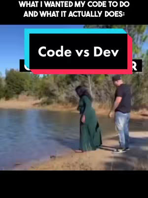 Two people standing near a body of water, a man and a woman. The woman is wearing a long green dress and appears to be stepping towards the water, while the man is wearing a black t-shirt and jeans. Text overlayed on the image indicates the video content will be about the difference between expectations and reality in computer coding.