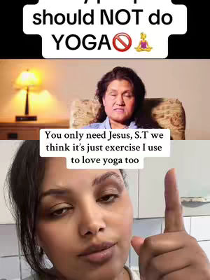 The image is divided into three sections, with a top-most section displaying text, a middle one showcasing a woman, and a bottom one capturing a selfie of another woman pointing upwards. The top section features the words "should NOT do YOGA" displayed in a bold white font against a black background and a red 'no' symbol over the word YOGA. The middle section shows a woman seated, possibly in a video recording setting. There is text over the image about the topic. Below that, the lower part displays a selfie, with a woman in the frame. She is facing the camera, pointing her finger upwards. The background is a kitchen or domestic space.