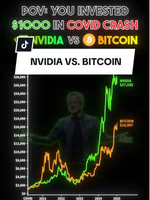 The cover image is a vertical graphic with a dark background. At the top, there's a text overlay in a mix of white, green and red colors that reads, "POV: YOU INVESTED $1000 IN COVID CRASH". Beneath this, a black banner has "NVIDIA VS BITCOIN". Overlaid on the image is a chart comparing the growth of NVIDIA and Bitcoin over time. The chart is in front of a person. The NVIDIA line is in green and the Bitcoin line is in orange. The axes are labeled with numeric values and descriptions.