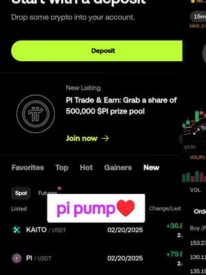 The image is a screenshot from a crypto trading app with a black background. Key text overlays include the phrase "pi pump" in white, placed on a white rectangular background, with a red heart symbol to the right. The app interface shows trading data, including price changes and the symbols for KAITO/USDT and PI/USDT. Other interface elments include navigation tabs labeled 'Favorites', 'Top', 'Hot', 'Gainers', and 'New' at the top, and data on 'Spot' and 'Futures'. A call to 'Deposit' can be found in the top left, and above the main trading data is a section titled 'New listing' promoting PI trade and earn with a share of a '500,000 $PI prize pool' and 'Join now' prompt.