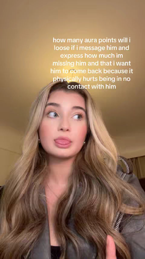 A young woman with long blonde hair and fair skin is the focal point. She's positioned against a blurred beige background. Text overlayed in the top portion of the image conveys a personal anecdote. The woman's expression is candid and direct, with her tongue slightly out and eyes gazing off to the side.