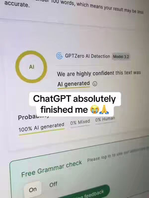 The cover image shows a laptop screen displaying a GPTZero AI Detection result. The text overlay reads "ChatGPT absolutely finished me" with emojis. The screen shows "100% AI generated".
