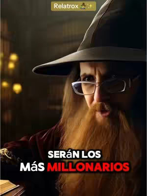 The cover image features a man dressed as a wizard, wearing glasses, a long beard, and a hat. Text overlays read 'SERÁN LOS MÁS MILLONARIOS' in bold, red letters, and 'Relatrox' at the top. The background suggests a library or study setting.