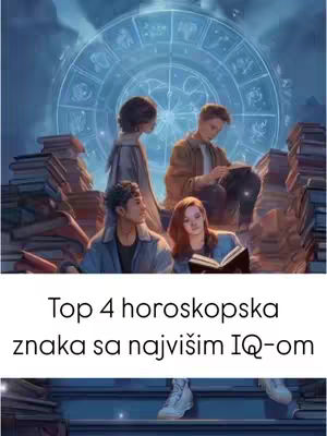 An illustrated image featuring four young adult figures surrounded by stacks of books, positioned in front of a large zodiac wheel. The color palette is dominated by blues and browns, with soft lighting.