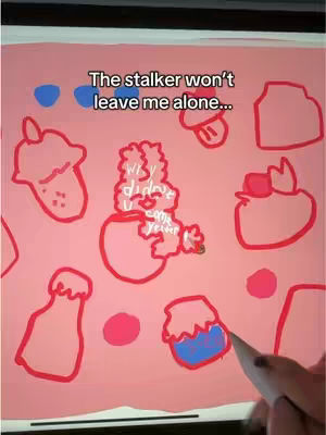 The cover image shows an art sketch on an iPad screen. The background is light pink. There are several red outline drawings: a bunny-like figure with text inside, a jar shape, and other abstract shapes. The text overlay reads "The stalker won't leave me alone..."