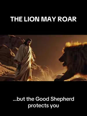 The image is a vertical composition with a dark background. At the bottom, there is text in white. The main focus is a central scene depicting Jesus, wearing a white robe, standing in a desert-like landscape. Behind him, a lion faces Jesus, roaring. The lighting suggests a warm sunset or sunrise. There is additional text at the top, also in white.
