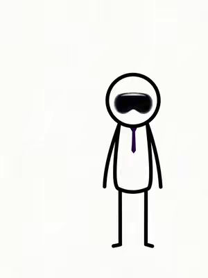 A minimalist cartoon-style image features a stick figure wearing a VR headset. The figure, with a simple circular head and black stick arms and legs, is in a white shirt, a purple tie. The background is plain white.