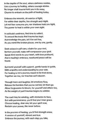 A vertically oriented image with a white background features a black-colored poem that is centered and takes up most of the available space. The text is arranged in multiple stanzas, conveying a message of healing and self-care, with each line of text being clearly visible and easy to read. The composition implies a focus on the poem's message and the potential for introspection and emotional processing for the viewer.