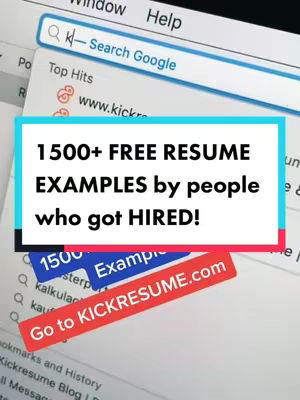 The cover image shows a screenshot of what seems to be a website, with text overlaid emphasizing resume examples from various tech companies. A large rectangle in the middle contains the text, with additional labels at the bottom pointing to the website.